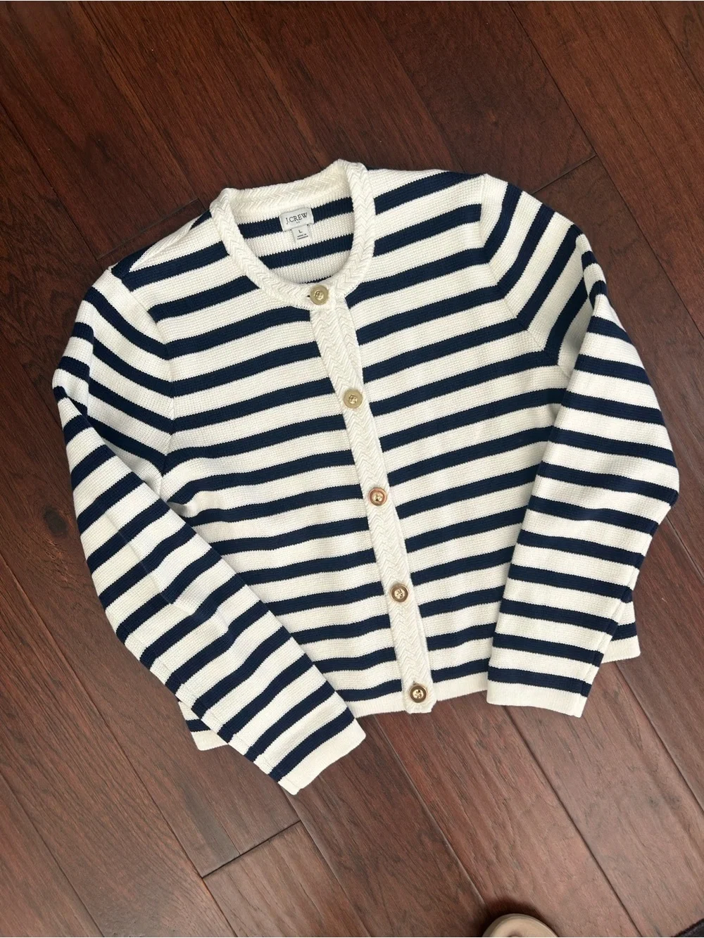J. Crew Navy and White Striped Button-Front Cardigan